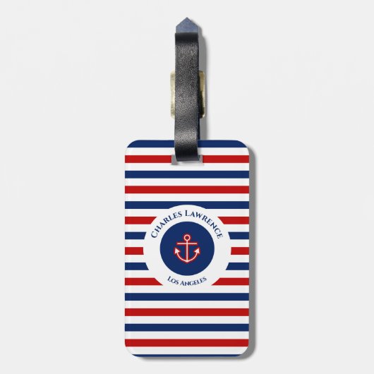Nautical Marine Navy Blue Red Stripes Bagagelabel (Achterkant verticaal)