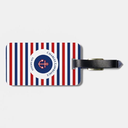Nautical Marine Navy Blue Red Stripes Bagagelabel (Achterkant horizontaal)