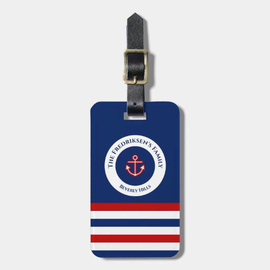 Nautical Marine Navy Blue Red Stripes Bagagelabel (Voorkant verticaal)