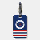 Nautical Marine Navy Blue Red Stripes Bagagelabel (Achterkant verticaal)