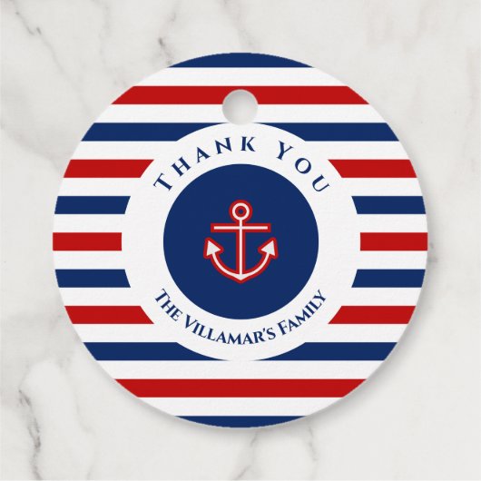 Nautical Marine Navy Blue Red Stripes Bedankjes Labels (Achterkant)
