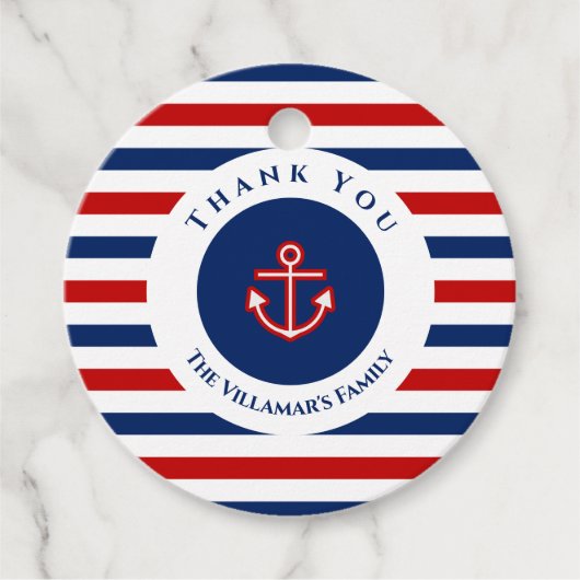 Nautical Marine Navy Blue Red Stripes Bedankjes Labels (Voorkant)