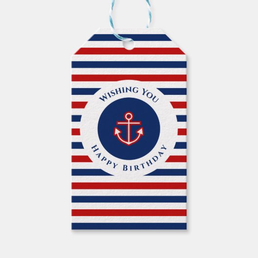 Nautical Marine Navy Blue Red Stripes Cadeaulabel (Voorkant)