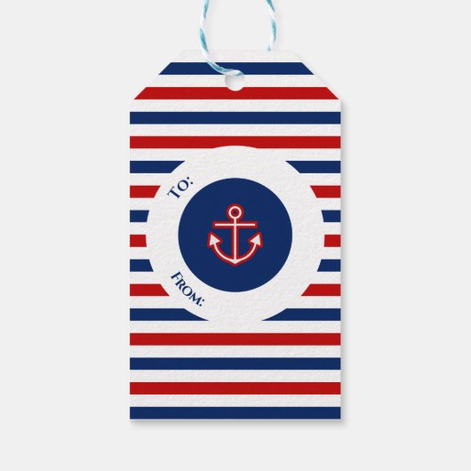 Nautical Marine Navy Blue Red Stripes Cadeaulabel (Achterkant)