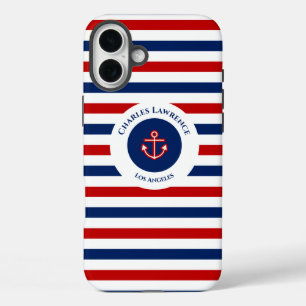 Nautical Marine Navy Blue Red Stripes iPhone 16 Plus Hoesje