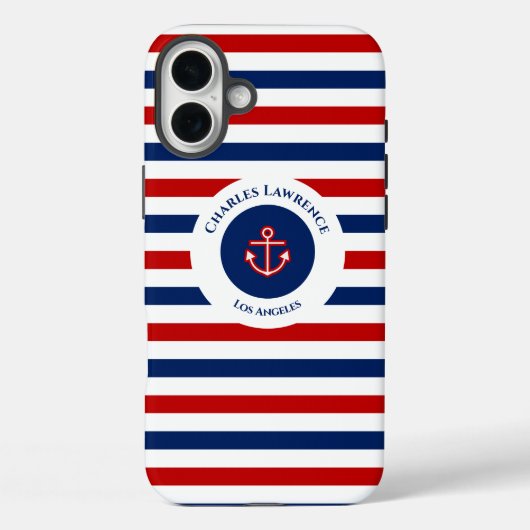 Nautical Marine Navy Blue Red Stripes Case-Mate iPhone Case (Achterkant)