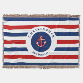 Nautical Marine Navy Blue Red Stripes Deken
