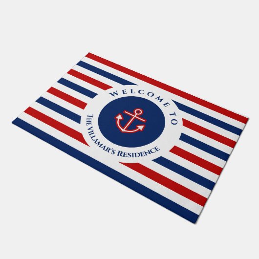 Nautical Marine Navy Blue Red Stripes Deurmat (Schuin)