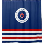 Nautical Marine Navy Blue Red Stripes Douchegordijn (Voorkant)