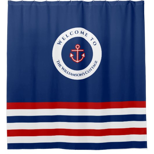 Nautical Marine Navy Blue Red Stripes Douchegordijn (Voorkant)
