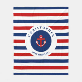 Nautical Marine Navy Blue Red Stripes Fleece Deken
