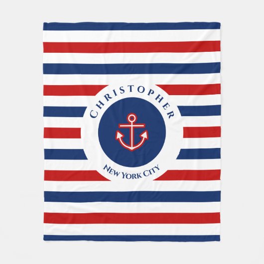 Nautical Marine Navy Blue Red Stripes Fleece Deken (Voorkant)