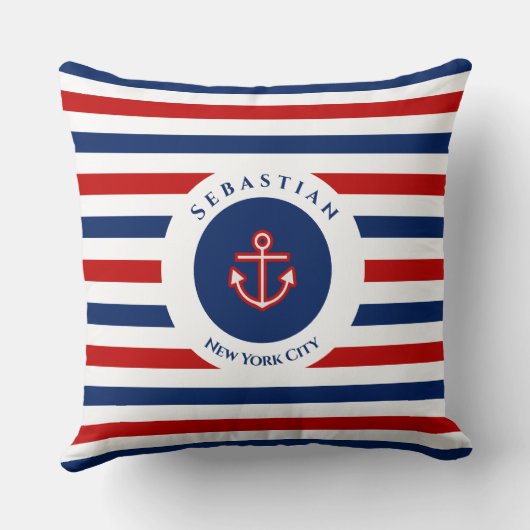 Nautical Marine Navy Blue Red Stripes Kussen (Achterkant)