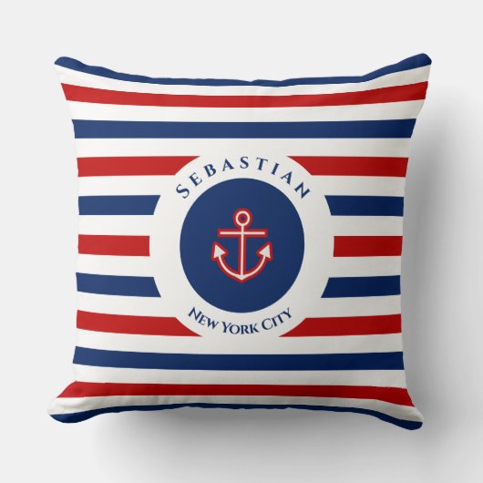Nautical Marine Navy Blue Red Stripes Kussen (Voorkant)