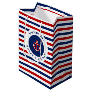 Nautical Marine Navy Blue Red Stripes Medium Cadeauzakje