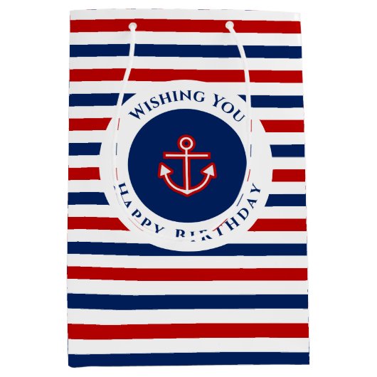 Nautical Marine Navy Blue Red Stripes Medium Cadeauzakje (Voorkant)