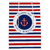 Nautical Marine Navy Blue Red Stripes Medium Cadeauzakje (Achterkant)