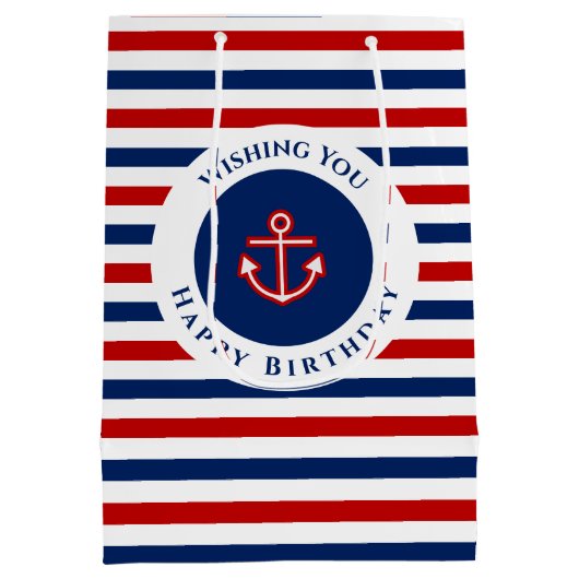 Nautical Marine Navy Blue Red Stripes Medium Cadeauzakje (Achterkant)