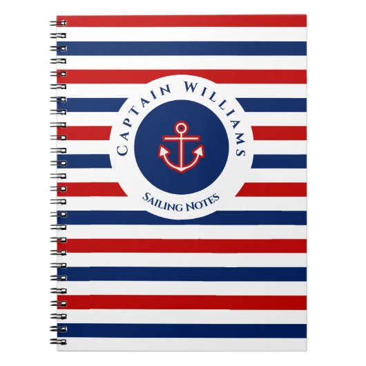 Nautical Marine Navy Blue Red Stripes Notitieboek (Voorkant)