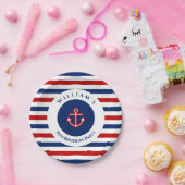 Nautical Marine Navy Blue Red Stripes Papieren Bordje (Feest)