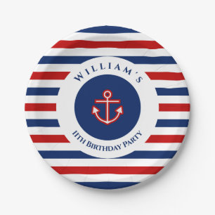 Nautical Marine Navy Blue Red Stripes Papieren Bordje