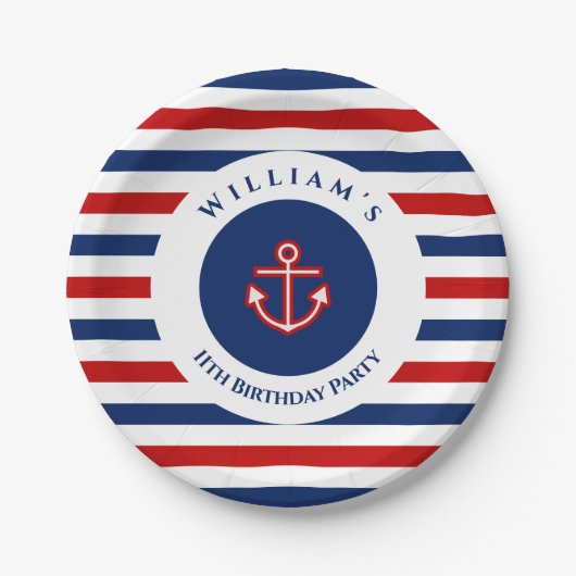 Nautical Marine Navy Blue Red Stripes Papieren Bordje (Voorkant)