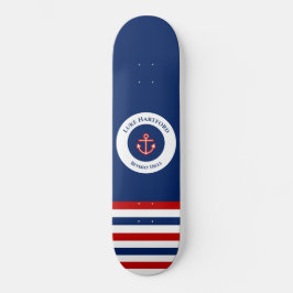 Nautical Marine Navy Blue Red Stripes Persoonlijk Skateboard