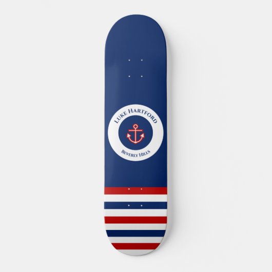 Nautical Marine Navy Blue Red Stripes Persoonlijk Skateboard (Voorkant)