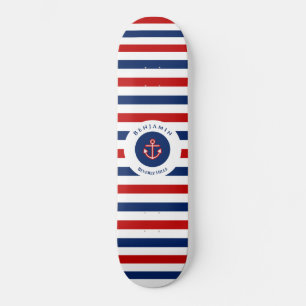 Nautical Marine Navy Blue Red Stripes Persoonlijk Skateboard