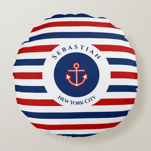 Nautical Marine Navy Blue Red Stripes Rond Kussen (Voorkant)