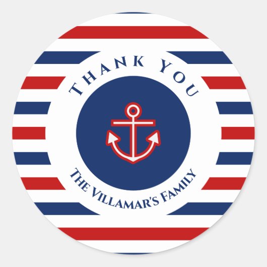 Nautical Marine Navy Blue Red Stripes Ronde Sticker (Voorkant)