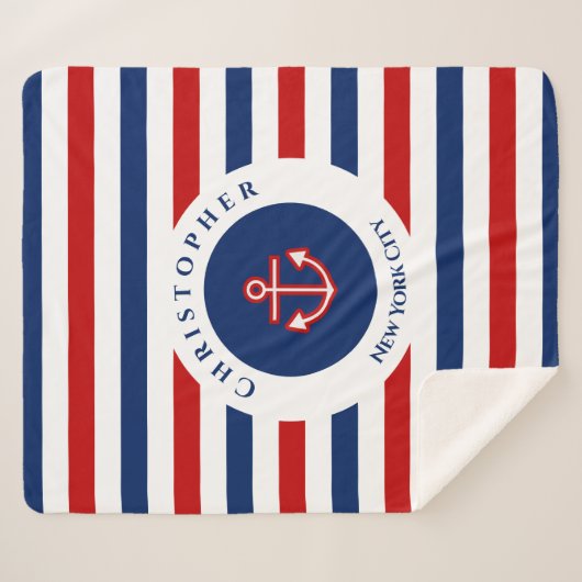 Nautical Marine Navy Blue Red Stripes Sherpa Deken (Voorkant (horizontaal))