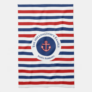 Nautical Marine Navy Blue Red Stripes Theedoek