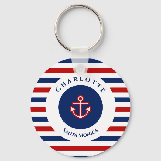 Nautical Marine Navy Blue Red White Stripes Sleutelhanger (Voorkant)