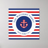 Nautical Marine Navy Blue White Stripes Anchor Canvas Afdruk (Voorkant)