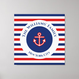 Nautical Marine Navy Blue White Stripes Anchor Canvas Afdruk