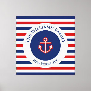 Nautical Marine Navy Blue White Stripes Anchor Canvas Afdruk