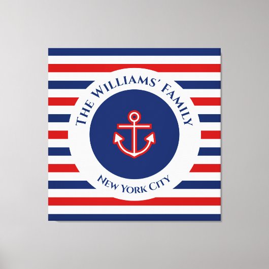 Nautical Marine Navy Blue White Stripes Anchor Canvas Afdruk (Voorkant)