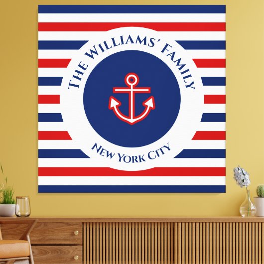 Nautical Marine Navy Blue White Stripes Anchor Canvas Afdruk (Insitu (Woonkamer))