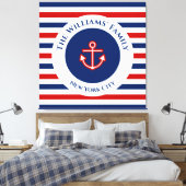 Nautical Marine Navy Blue White Stripes Anchor Canvas Afdruk (Insitu (Slaapkamer))