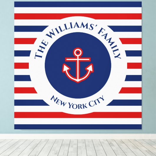 Nautical Marine Navy Blue White Stripes Anchor Canvas Afdruk (Insitu (Houten vloer))