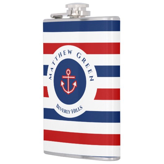 Nautical Marine Navy Blue White Stripes Anchor Heupfles (Links)