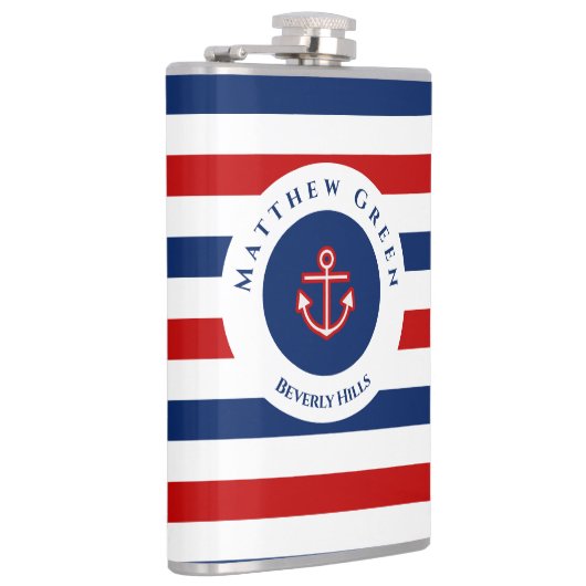 Nautical Marine Navy Blue White Stripes Anchor Heupfles (Rechts)