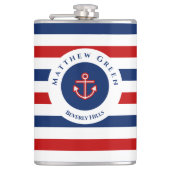 Nautical Marine Navy Blue White Stripes Anchor Heupfles (Voorkant)