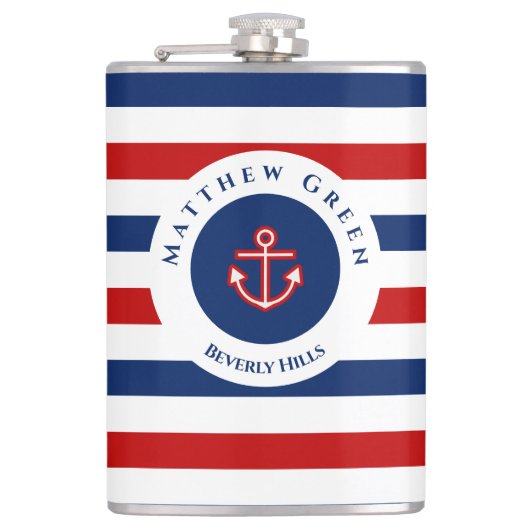 Nautical Marine Navy Blue White Stripes Anchor Heupfles (Voorkant)