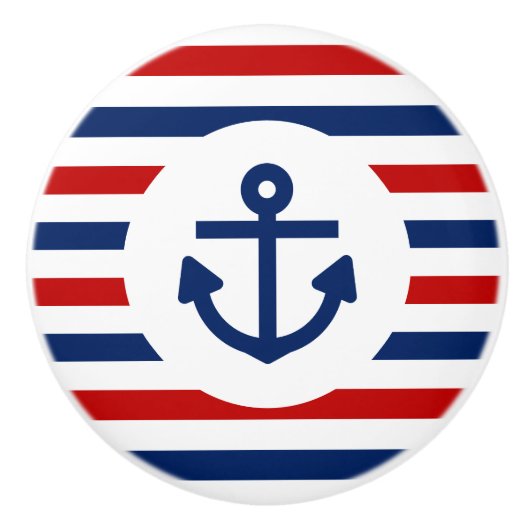 Nautical Marine Navy Blue White Stripes Anchor Keramische Knop (Voorkant)