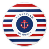 Nautical Marine Navy Blue White Stripes Anchor Keramische Knop (Voorkant)