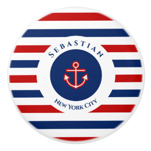 Nautical Marine Navy Blue White Stripes Anchor Keramische Knop