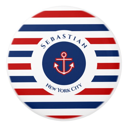 Nautical Marine Navy Blue White Stripes Anchor Keramische Knop (Voorkant)
