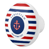 Nautical Marine Navy Blue White Stripes Anchor Keramische Knop (Rechts)